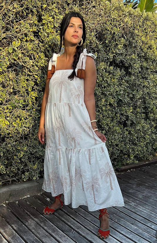 Vestido Largo Palma Bordado Blanco