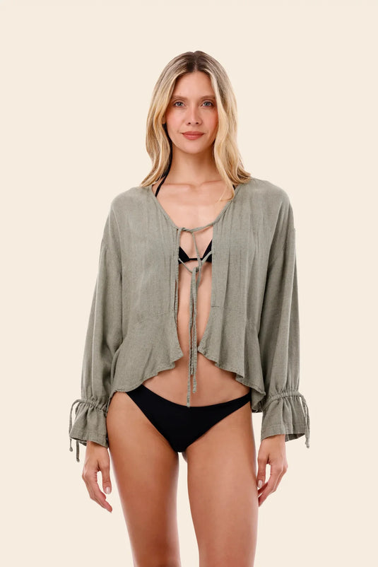 SERENITY GREEN LINEN LUSTER RUFFLE SHIRT