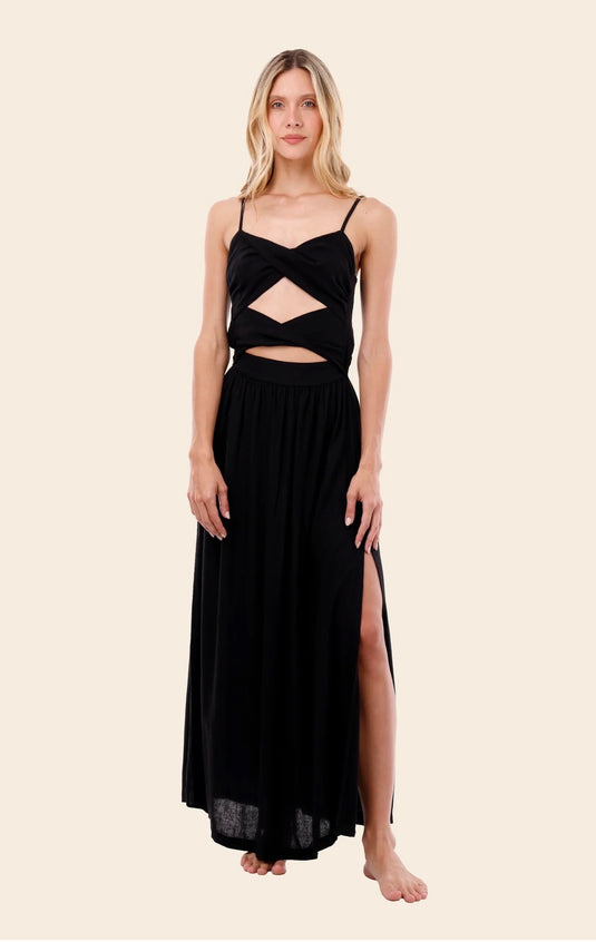 BLACK LINEN WAVELET DRESS