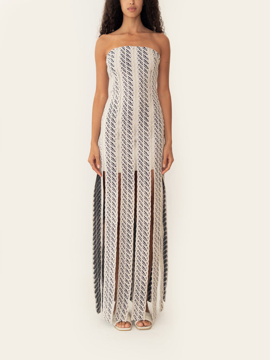 Virginia Dress Navy Background With Ecru Thread AZULU